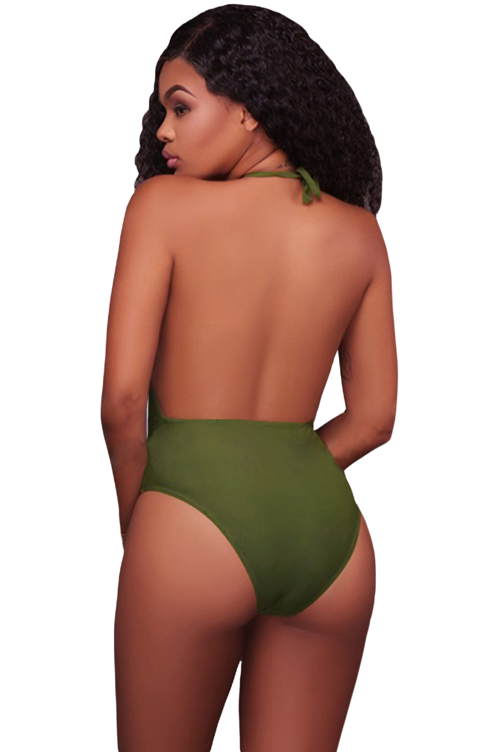 BY410523-9 ARMY GREEN CAGED FRONT HALTER ONE PIECE SWIMSUIT